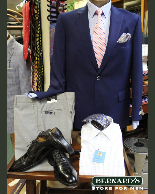 Navy Blue Sports Coat, Dress Shirts, Ties, Khakis, Shoes, Socks at Bernard's Store for Men
